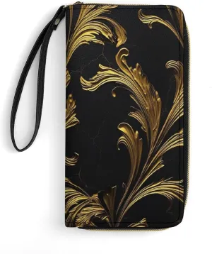 Black And Gold Leather Wallet Smooth Zip Around Clutch Wristlet Travel Long Soft Purse for Women