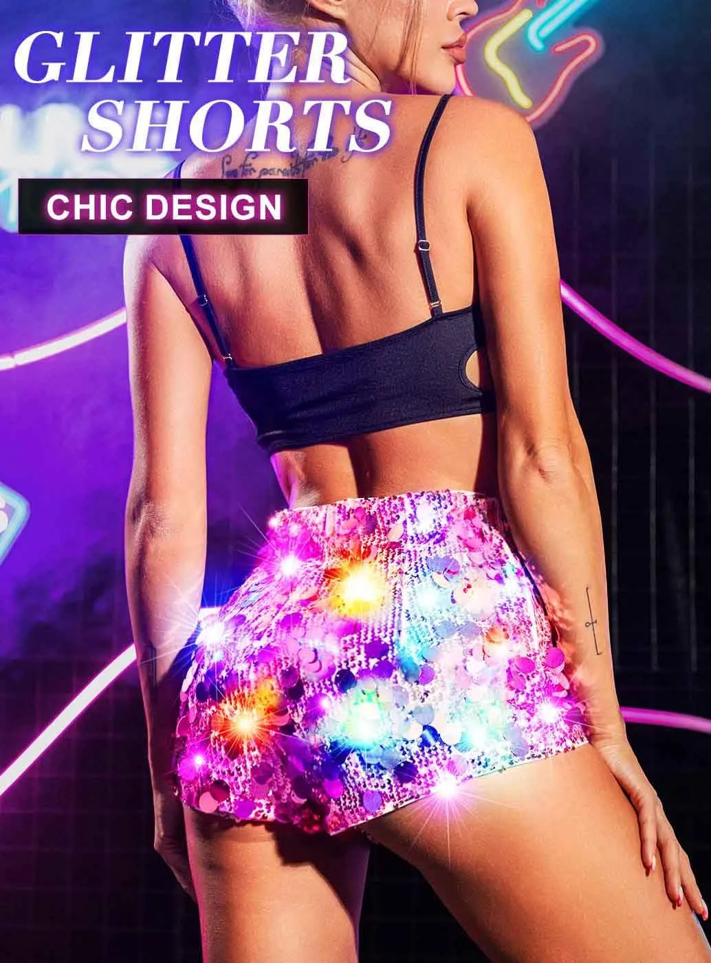 BODIY Women Dot Sequin Shorts Led Light up High Waisted Sparkly Rave Hot Pants Glitter Booty Bottoms Shorts for Disco Concert