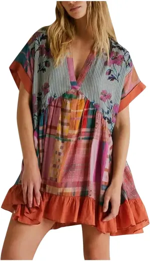 Boho Dress for Women 2024 Ruffle Hem Patchwork Babydoll Dress Flowy Bohemian Mini Dress Ethnic Embroidered Dress