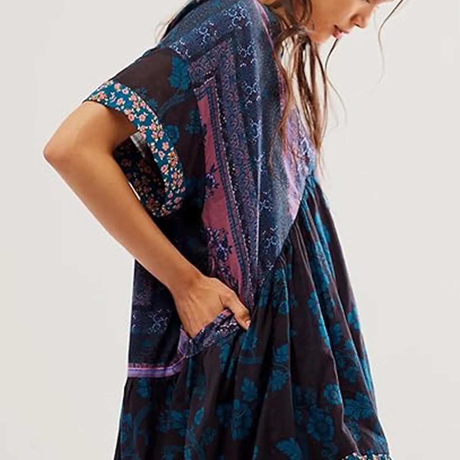 Boho Dress for Women 2024 Ruffle Hem Patchwork Babydoll Dress Flowy Bohemian Mini Dress Ethnic Embroidered Dress