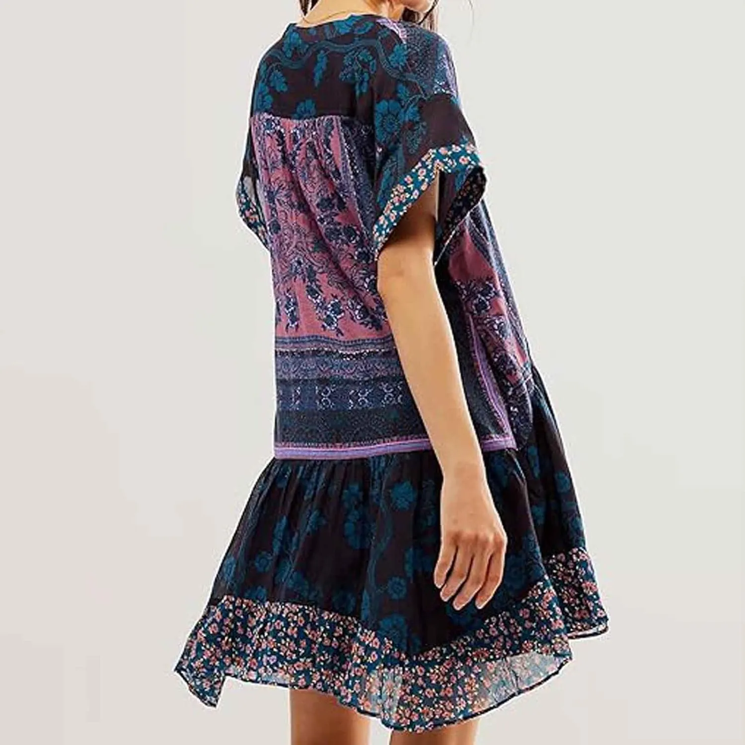 Boho Dress for Women 2024 Ruffle Hem Patchwork Babydoll Dress Flowy Bohemian Mini Dress Ethnic Embroidered Dress
