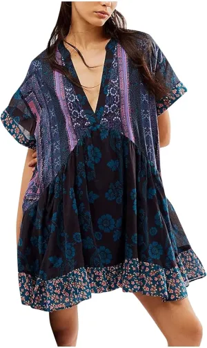 Boho Dress for Women 2024 Ruffle Hem Patchwork Babydoll Dress Flowy Bohemian Mini Dress Ethnic Embroidered Dress