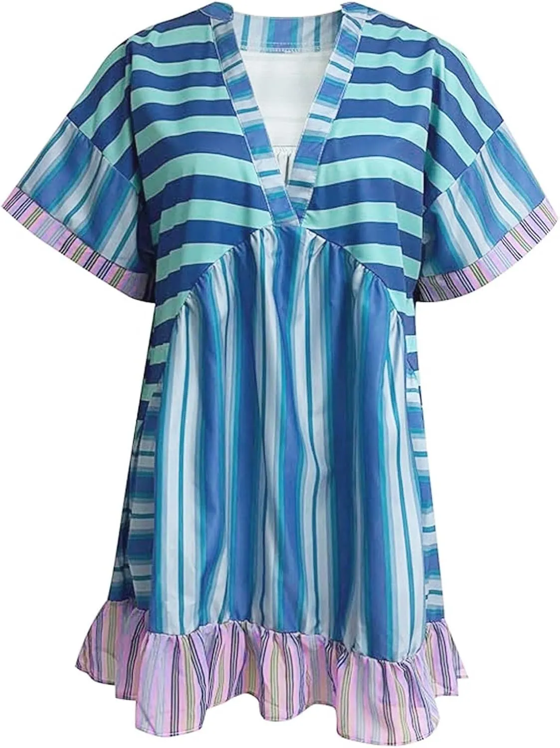 Boho Dress for Women 2024 Ruffle Hem Patchwork Babydoll Dress Flowy Bohemian Mini Dress Ethnic Embroidered Dress