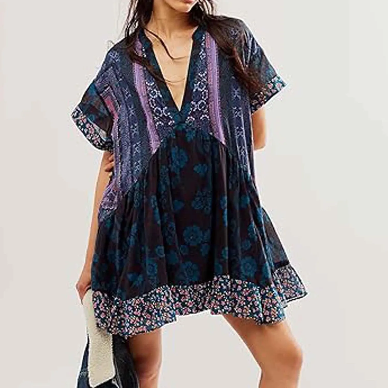 Boho Dress for Women 2024 Ruffle Hem Patchwork Babydoll Dress Flowy Bohemian Mini Dress Ethnic Embroidered Dress