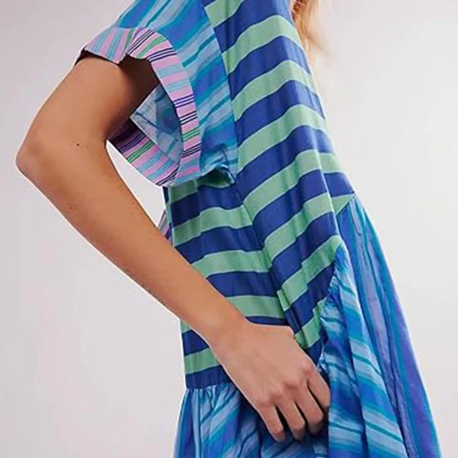 Boho Dress for Women 2024 Ruffle Hem Patchwork Babydoll Dress Flowy Bohemian Mini Dress Ethnic Embroidered Dress