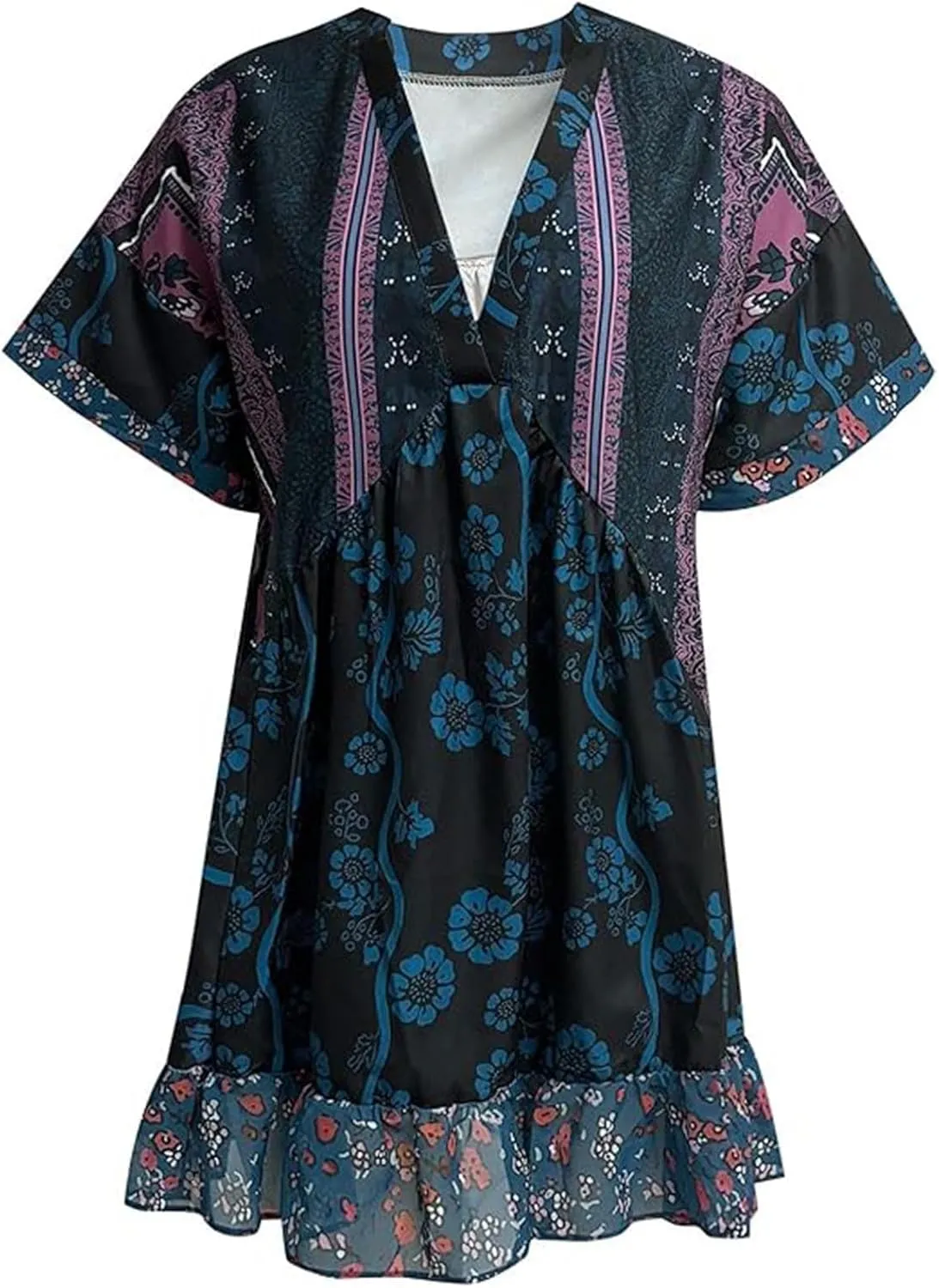 Boho Dress for Women 2024 Ruffle Hem Patchwork Babydoll Dress Flowy Bohemian Mini Dress Ethnic Embroidered Dress