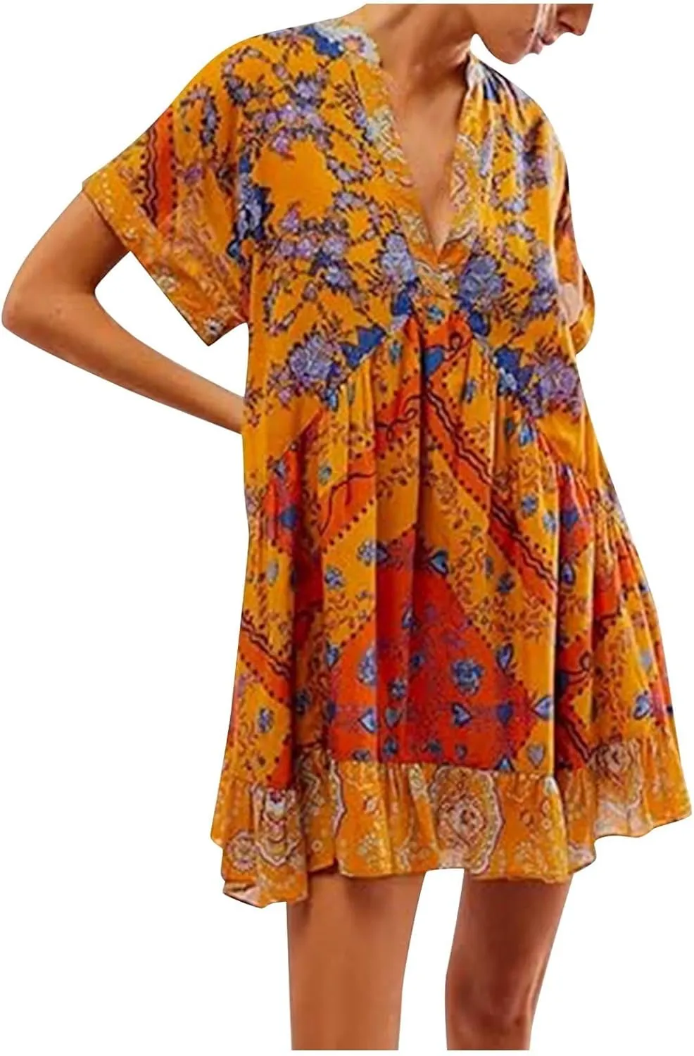 Boho Dress for Women 2024 Ruffle Hem Patchwork Babydoll Dress Flowy Bohemian Mini Dress Ethnic Embroidered Dress