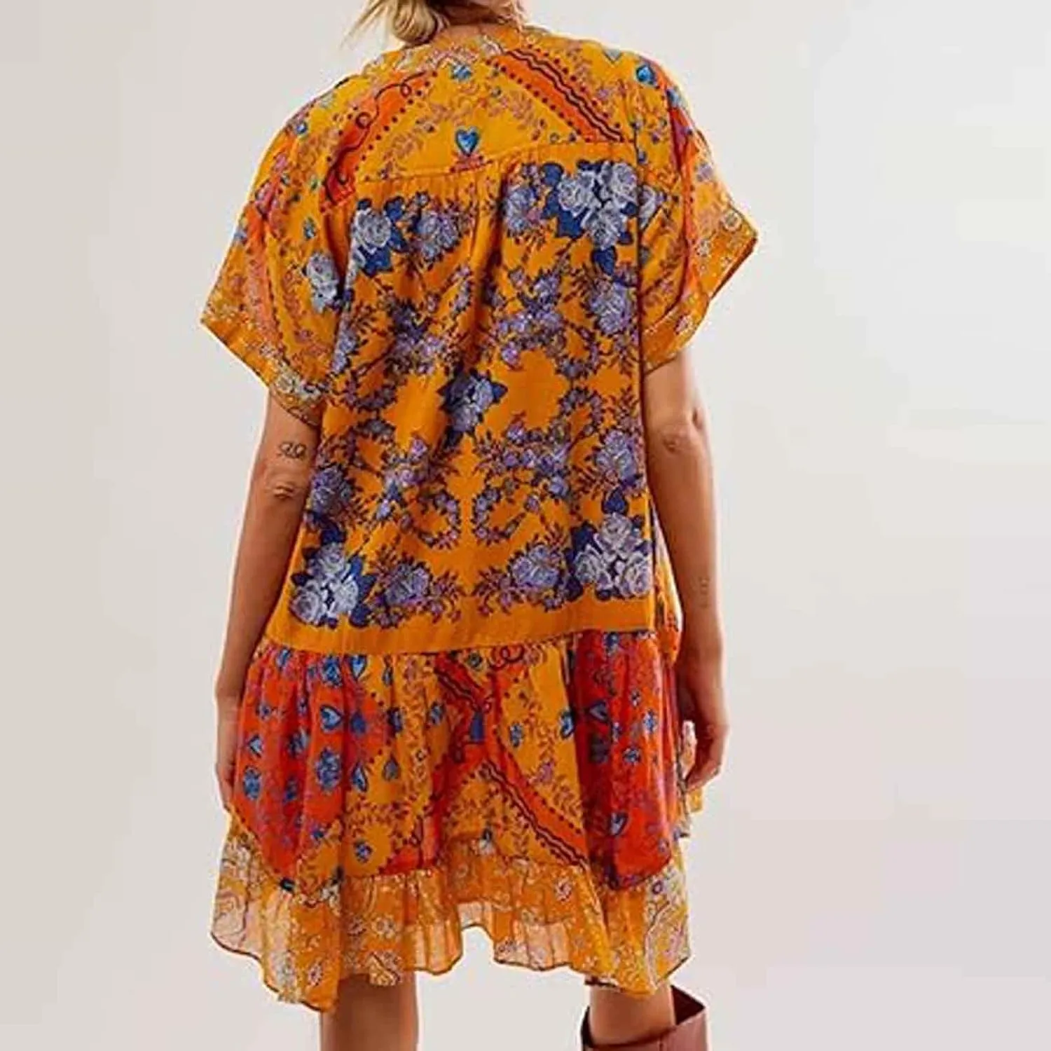 Boho Dress for Women 2024 Ruffle Hem Patchwork Babydoll Dress Flowy Bohemian Mini Dress Ethnic Embroidered Dress