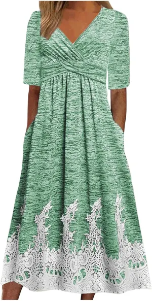 Boho Dresses for Women 2024 Short Sleeve Floral Print Maxi Dress 2024 Summer V Neck Loose Swing Dress with Pockets