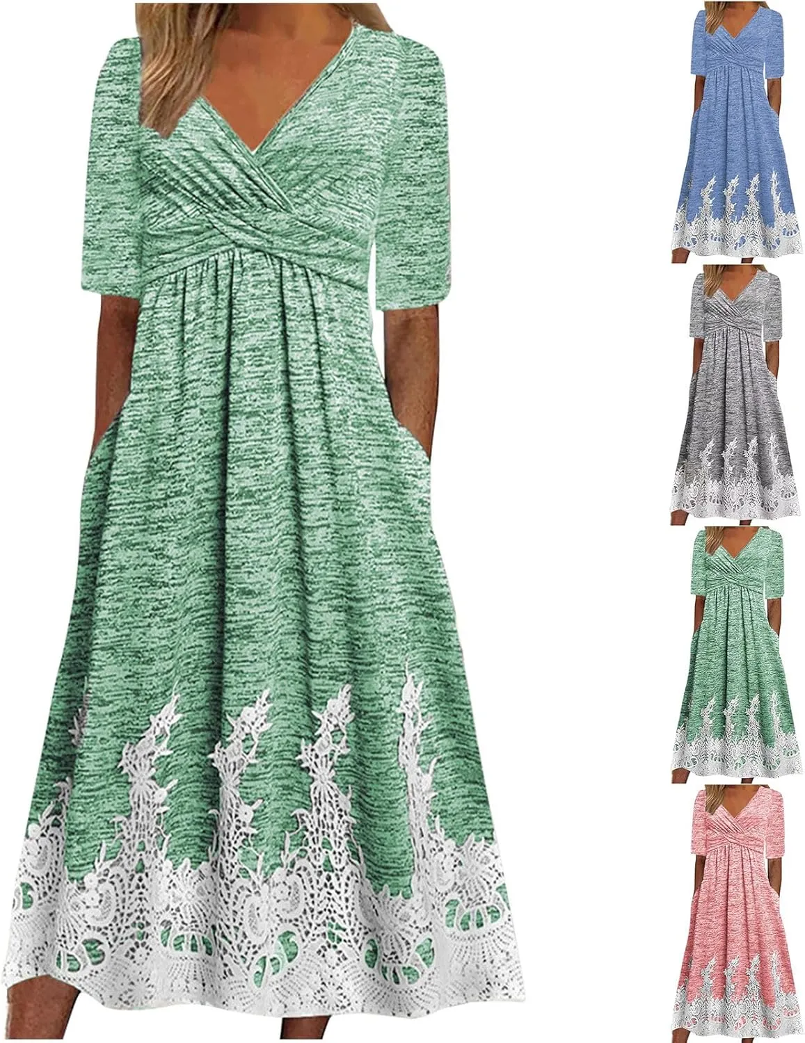 Boho Dresses for Women 2024 Short Sleeve Floral Print Maxi Dress 2024 Summer V Neck Loose Swing Dress with Pockets