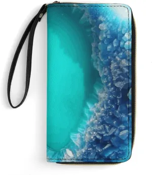 Bright Aqua Blue Turquoise Leather Wallet Smooth Zip Around Clutch Wristlet Travel Long Soft Purse for Women