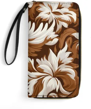 Brown And White Pattern Leather Wallet Smooth Zip Around Clutch Wristlet Travel Long Soft Purse for Women