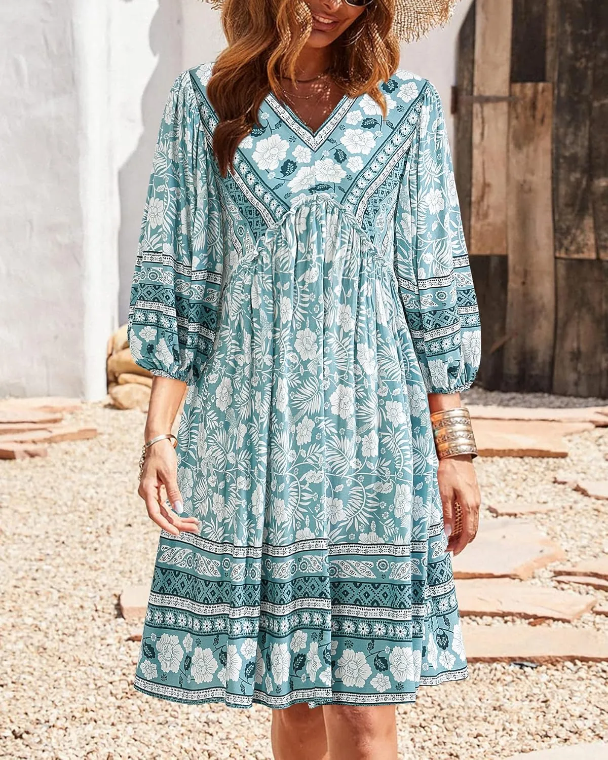 BTFBM Women Casual Spring Summer Dresses V Neck 3/4 Long Sleeve Ruffle Floral Flowy Boho Babydoll Mini Short Beach Dress