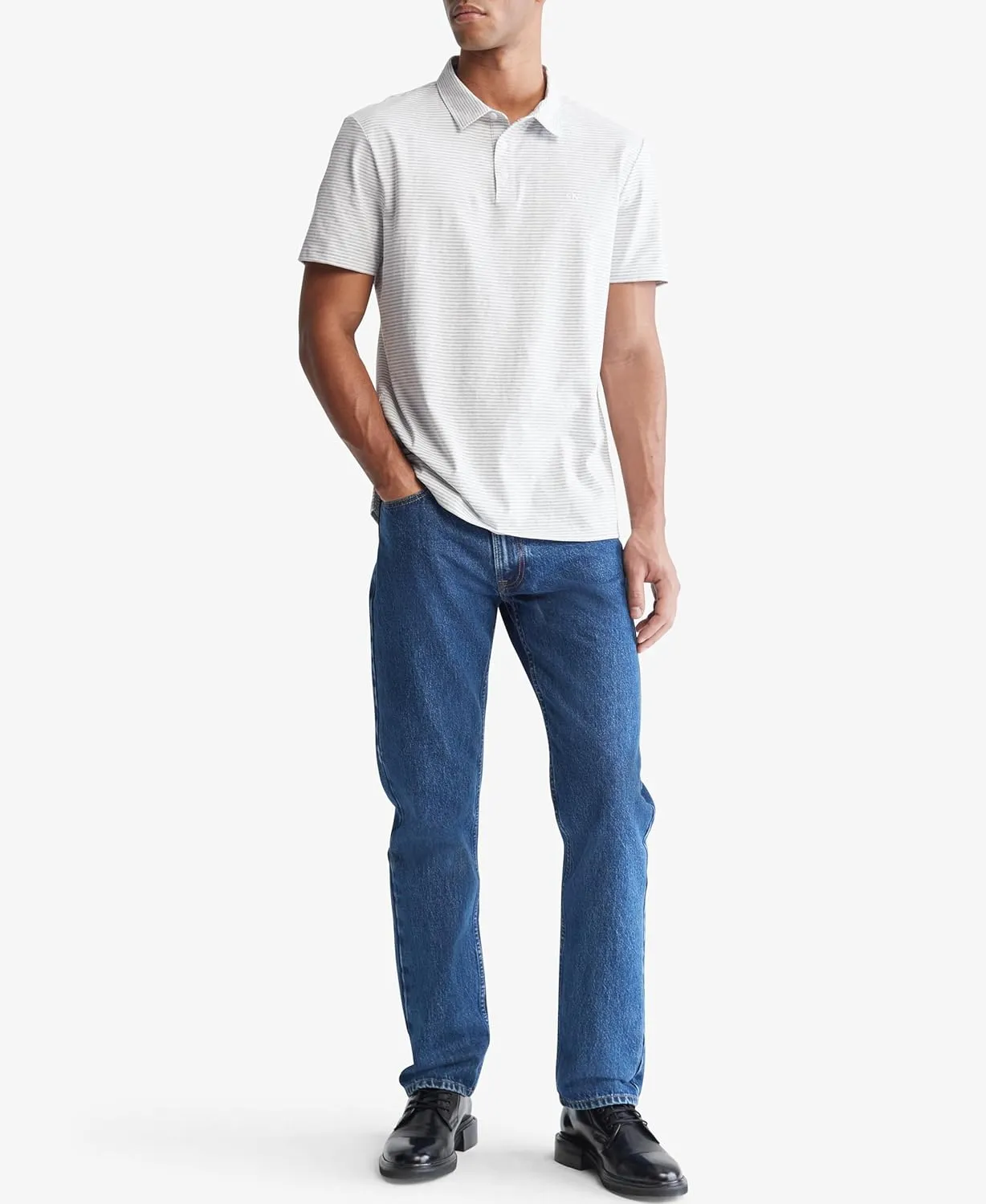 Calvin Klein Men's Smooth Cotton Monogram Logo Feeder Stripe Polo Shirt