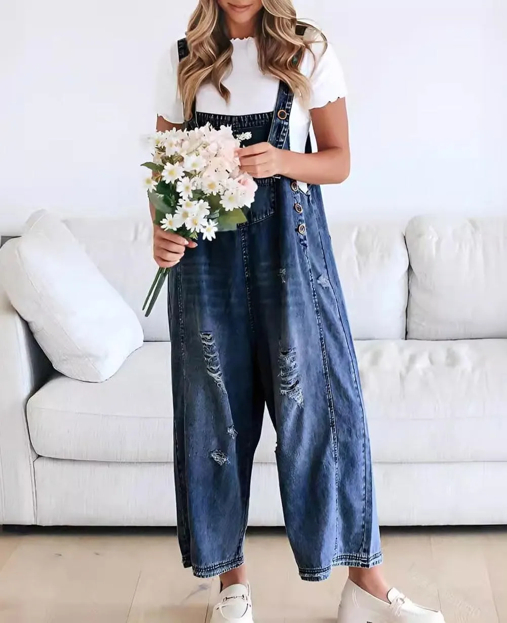 chouyatou Women Loose Adjustable Strap Denim Bib Overall Jeans Distressed Wide Leg Baggy Overalls Jumpsuit