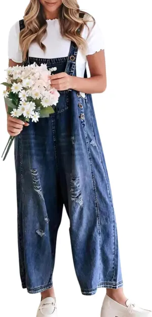 chouyatou Women Loose Adjustable Strap Denim Bib Overall Jeans Distressed Wide Leg Baggy Overalls Jumpsuit