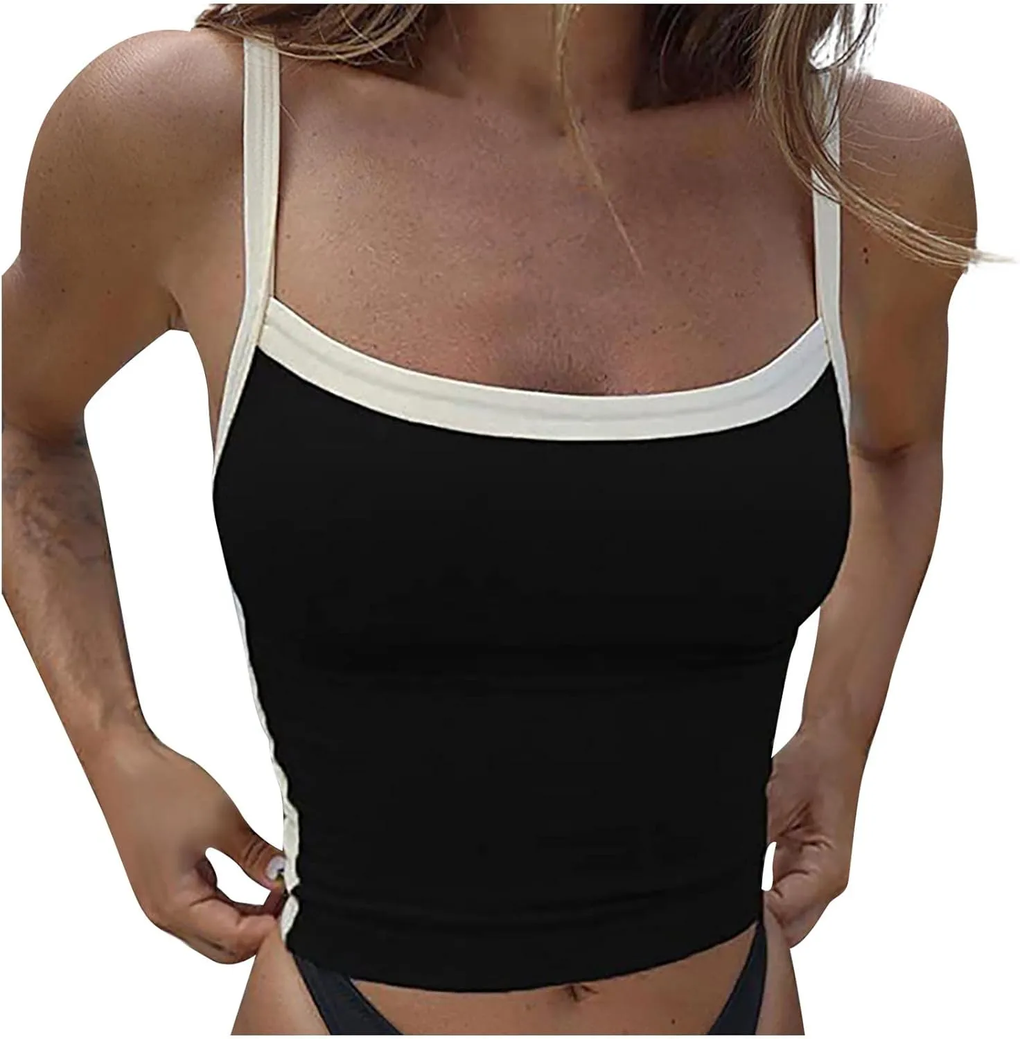 Color Block Tank Tops Women Sleeveless Crop Camisole Casual Slim Cropped Y2k Shirts Trendy Summer Square Neck Tees
