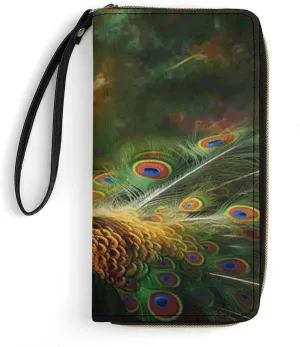 Colorful Peacock Leather Wallet Smooth Zip Around Clutch Wristlet Travel Long Soft Purse for Women