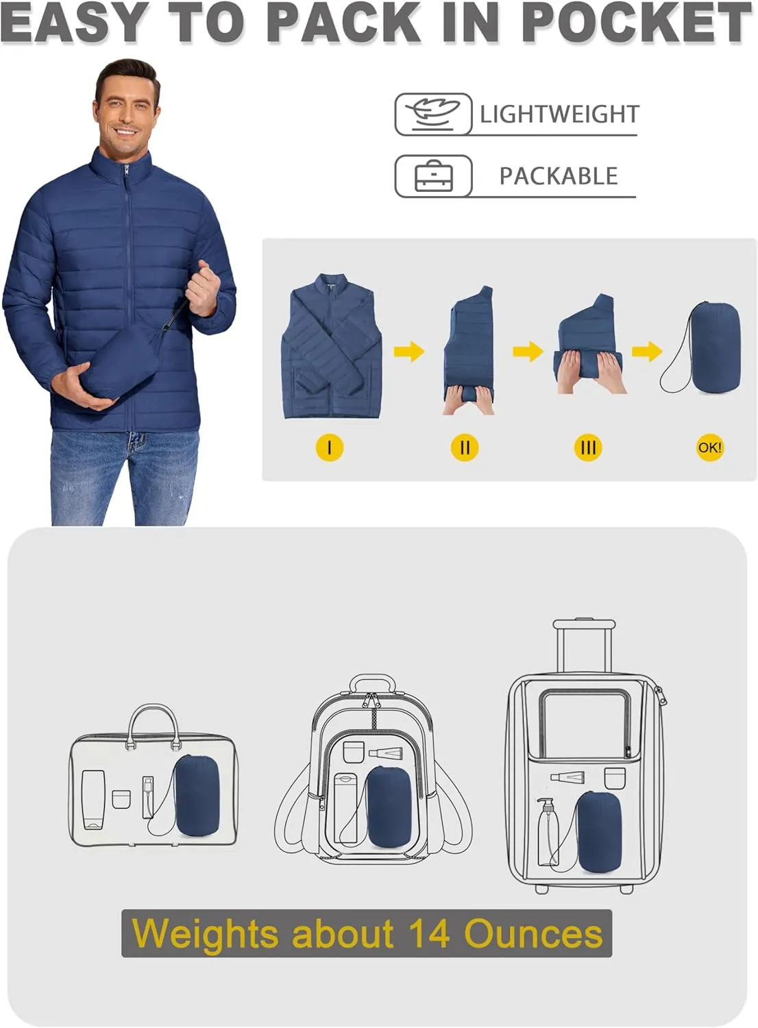 COOFANDY Mens Puffer Jacket Packable Lightweight Jackets Winter Coat Windproof Zipper Down Jacket