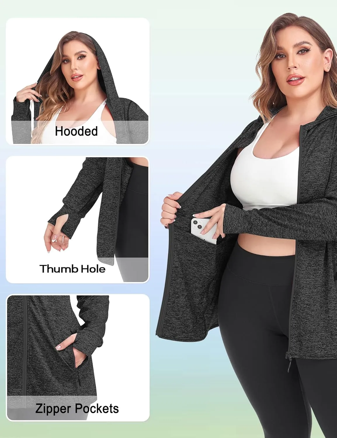 COOTRY Womens Plus Size Workout Jackets Full Zip Up Lightweight Athletic Running Hoodies with Thumb Holes