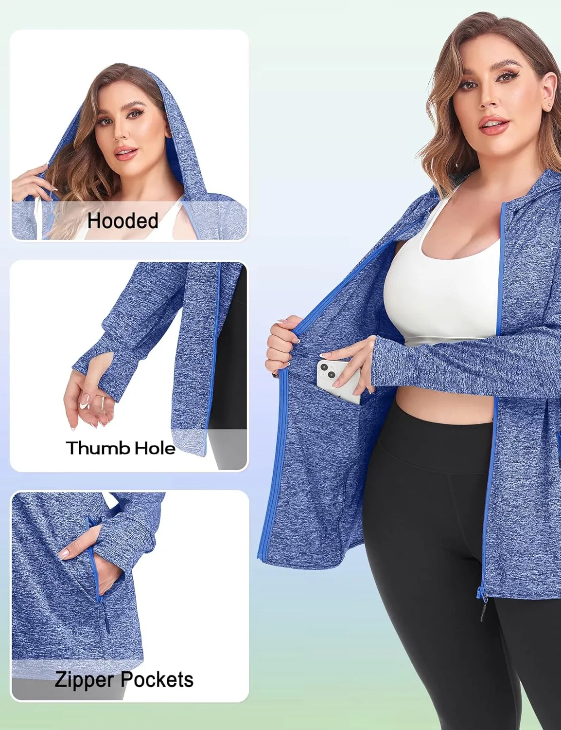 COOTRY Womens Plus Size Workout Jackets Full Zip Up Lightweight Athletic Running Hoodies with Thumb Holes