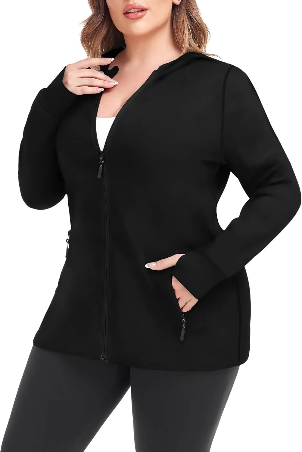 COOTRY Womens Plus Size Workout Jackets Full Zip Up Lightweight Athletic Running Hoodies with Thumb Holes