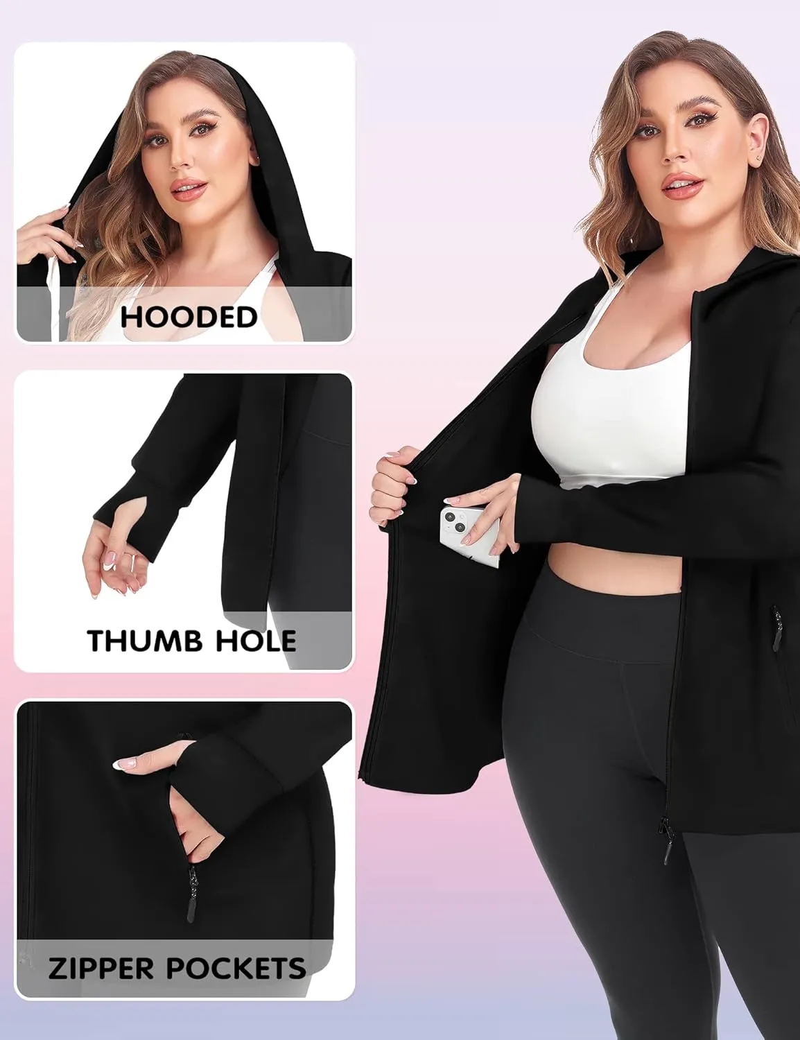 COOTRY Womens Plus Size Workout Jackets Full Zip Up Lightweight Athletic Running Hoodies with Thumb Holes