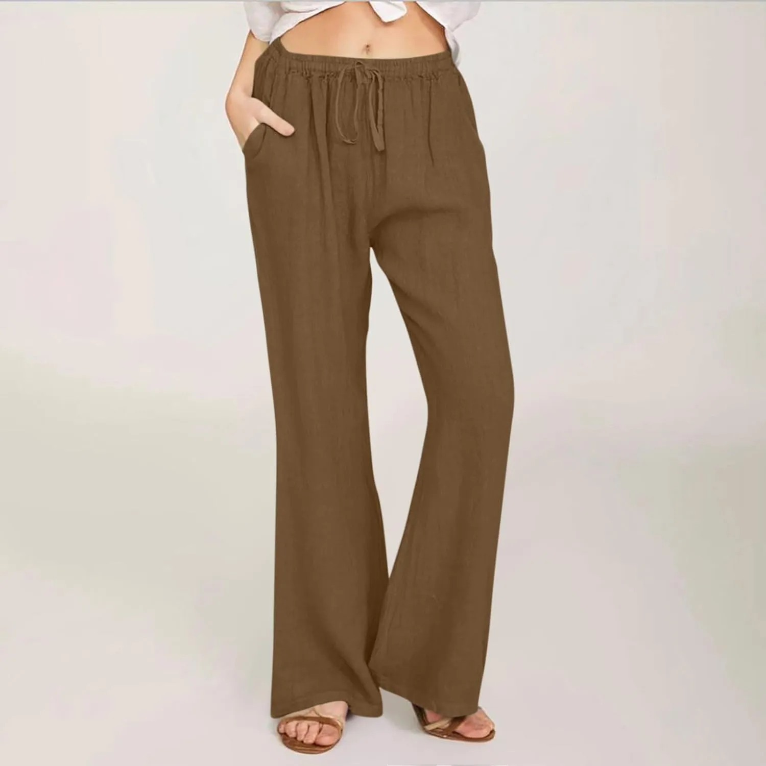 Cotton Linen Pants Women Casaul Drawstring High Waisted Wide Leg Yoga Pants Lightweight Beach Long Trousers Pockets