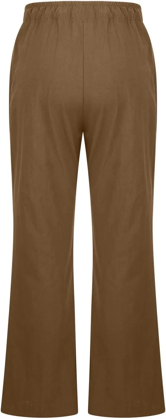 Cotton Linen Pants Women Casaul Drawstring High Waisted Wide Leg Yoga Pants Lightweight Beach Long Trousers Pockets