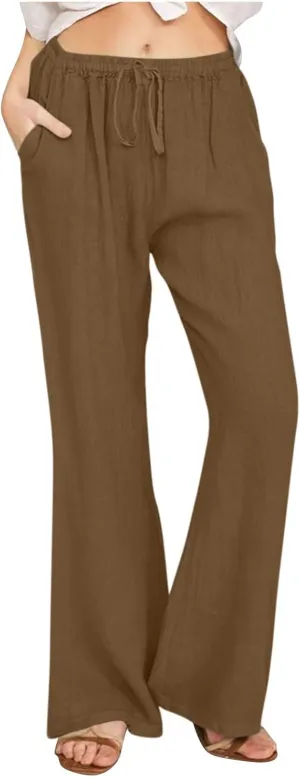 Cotton Linen Pants Women Casaul Drawstring High Waisted Wide Leg Yoga Pants Lightweight Beach Long Trousers Pockets
