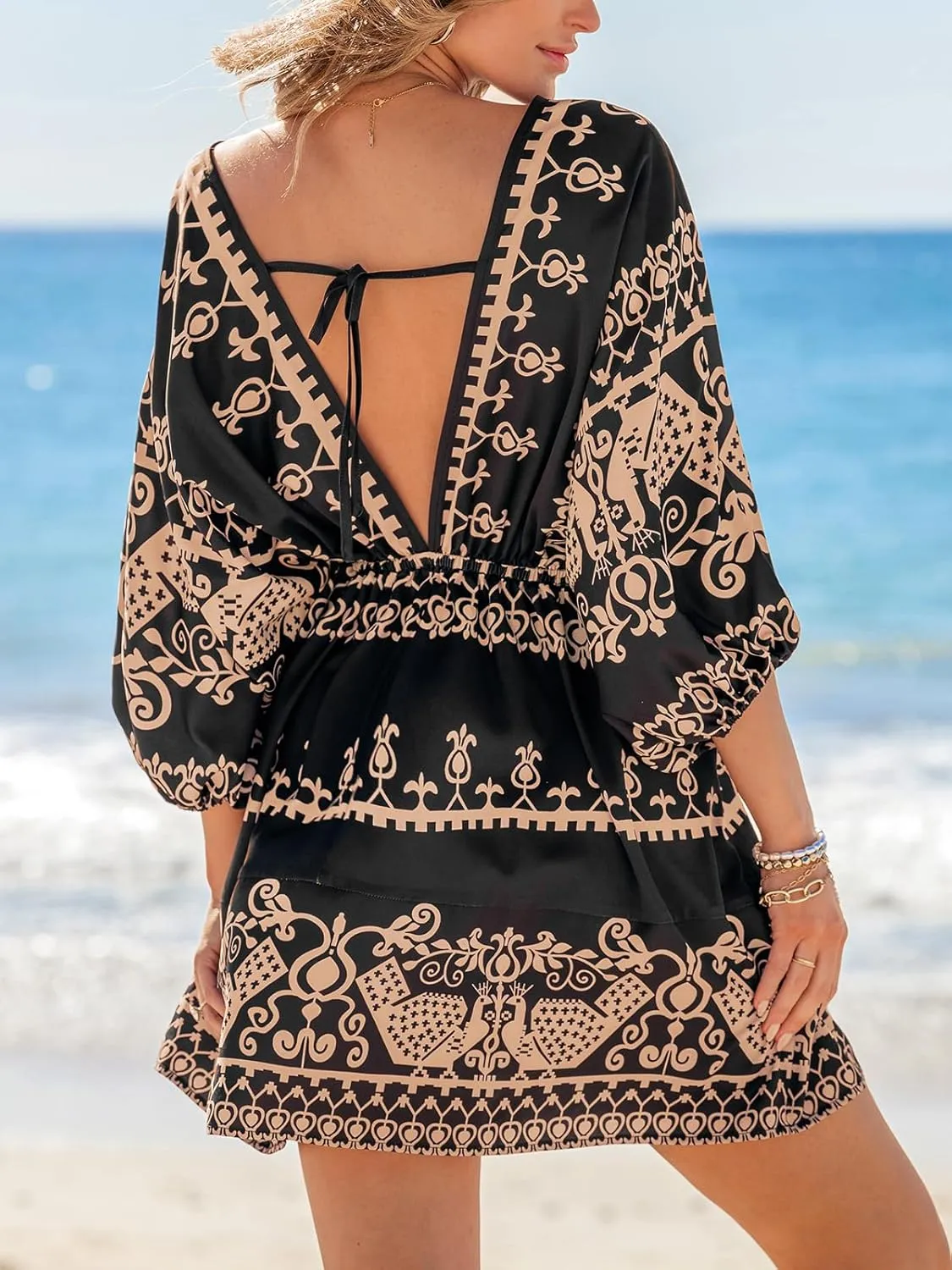 CUPSHE Women Casual Boho Sundress Summer Floral Print Tie Front Dress 3/4 Sleeves Paisley Beach Mini Dresses