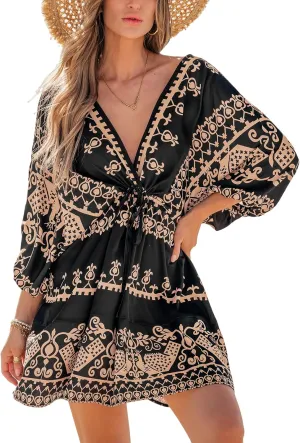 CUPSHE Women Casual Boho Sundress Summer Floral Print Tie Front Dress 3/4 Sleeves Paisley Beach Mini Dresses