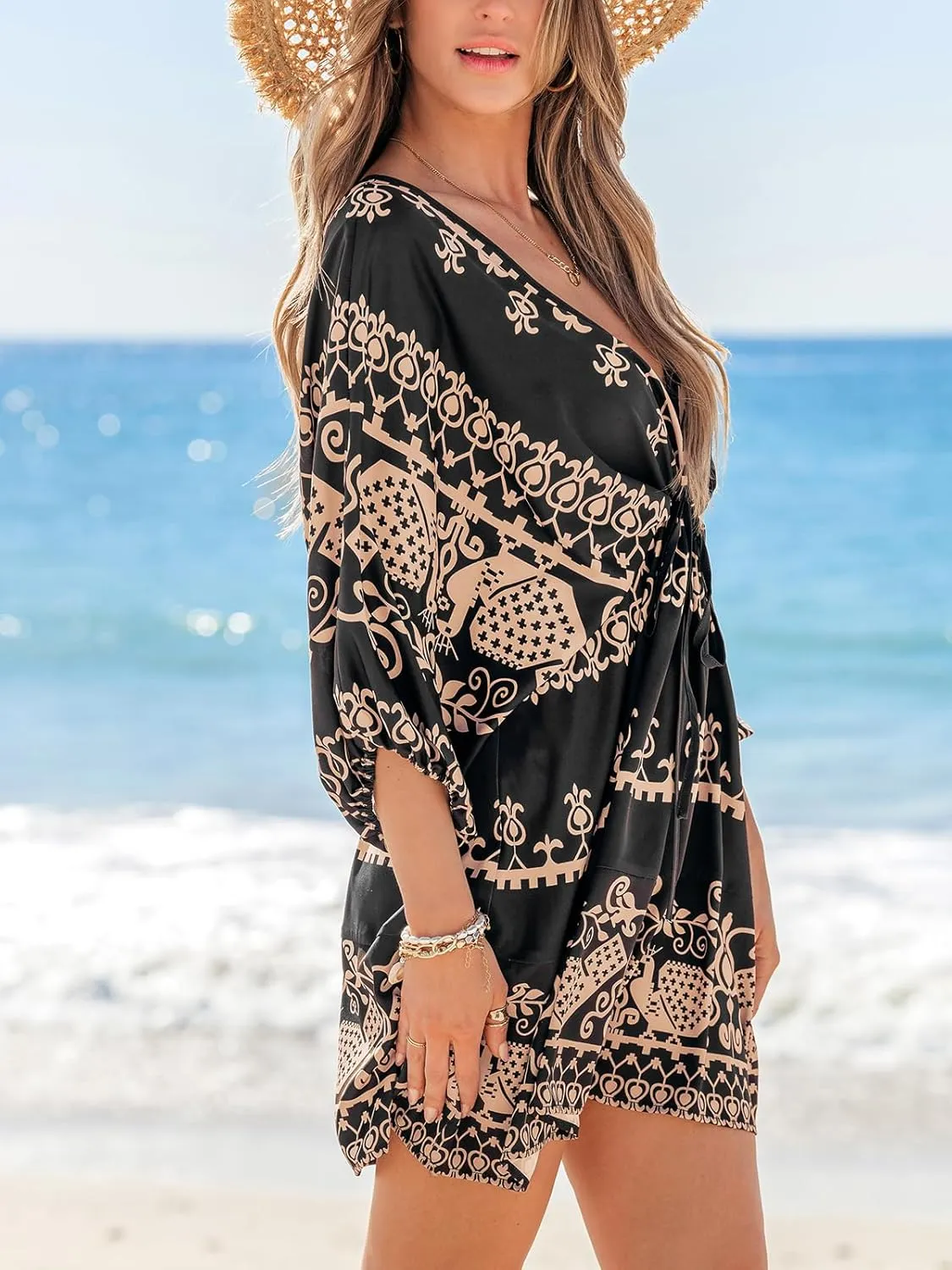 CUPSHE Women Casual Boho Sundress Summer Floral Print Tie Front Dress 3/4 Sleeves Paisley Beach Mini Dresses