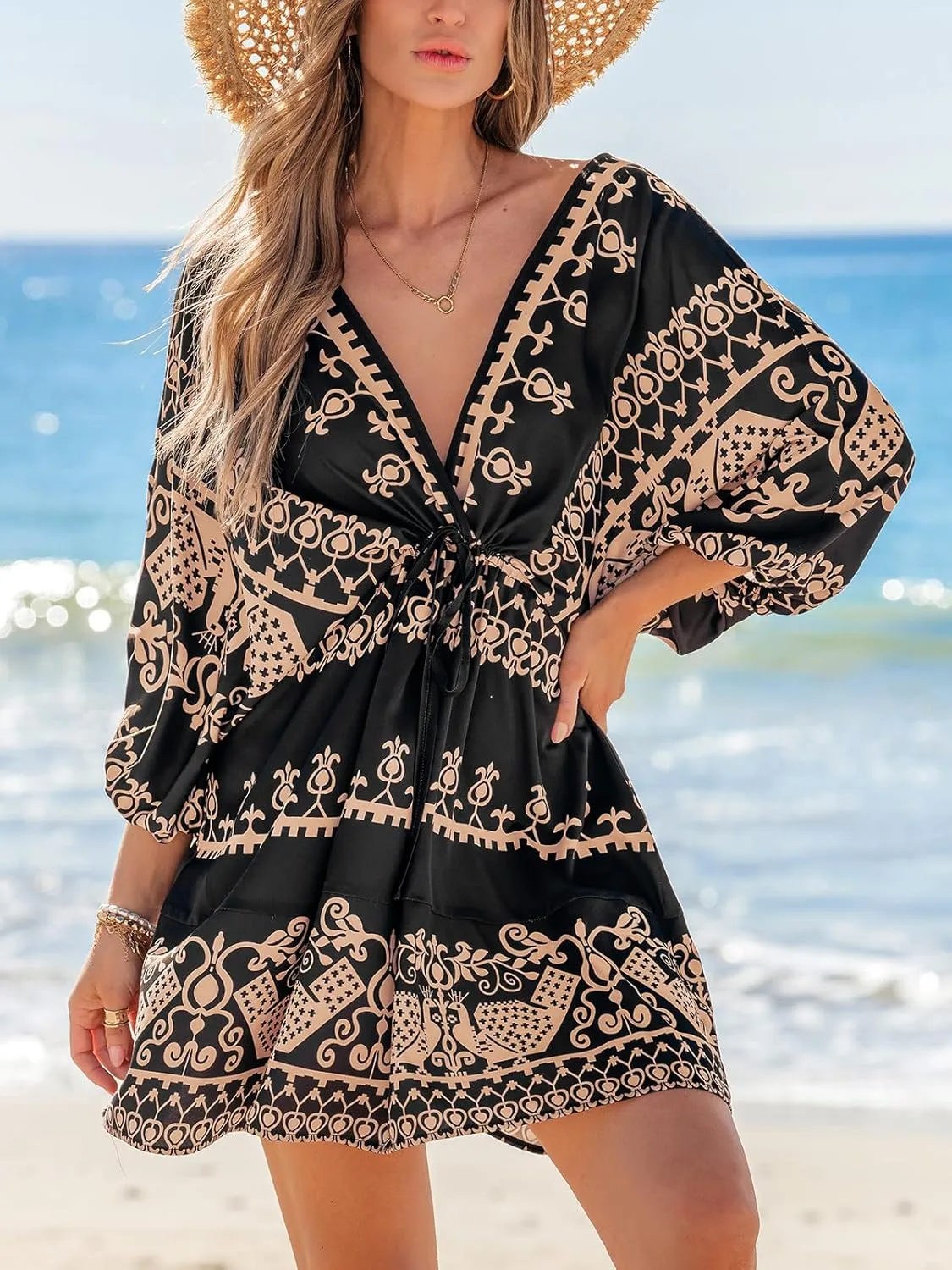 CUPSHE Women Casual Boho Sundress Summer Floral Print Tie Front Dress 3/4 Sleeves Paisley Beach Mini Dresses