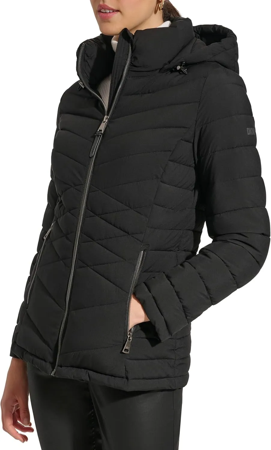 DKNY Womens Hooded Light-Weight Puffer