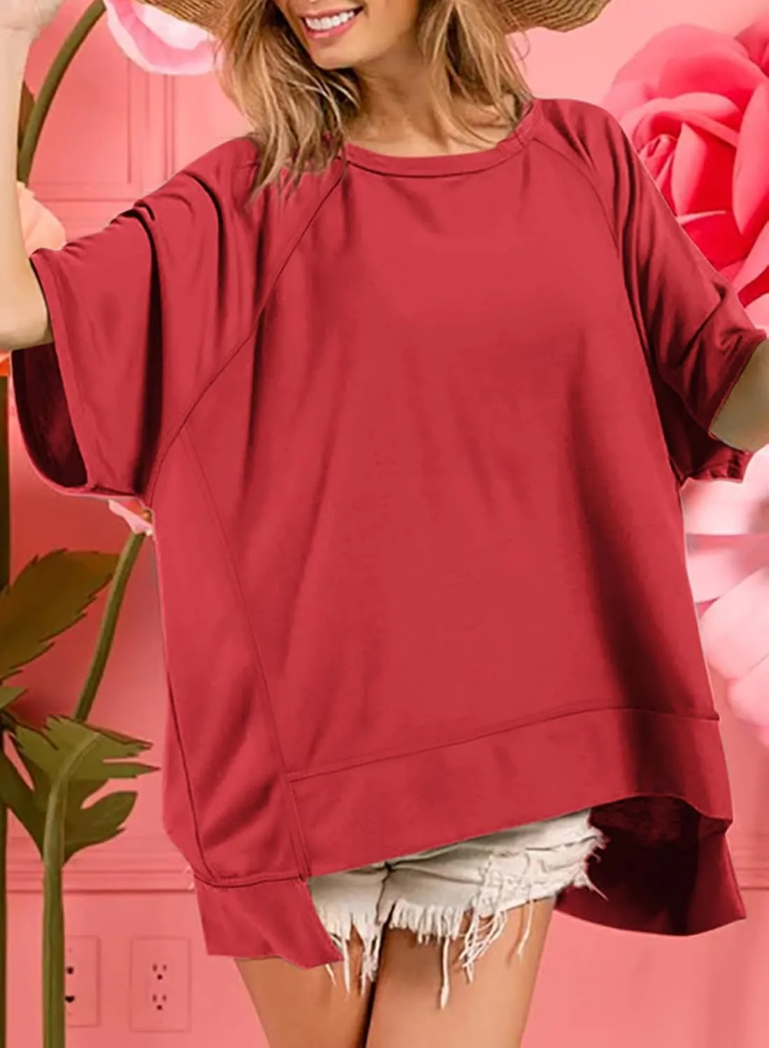 Dokotoo Oversized T Shirts for Women Crewneck Short Sleeve Casual Summer Tops Lightweight Loose High Low Blouse