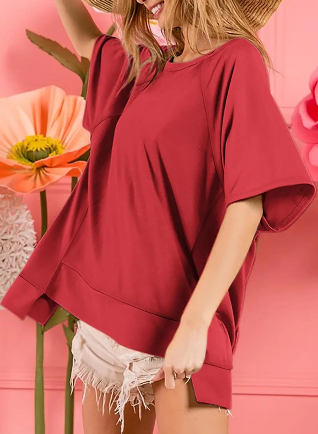 Dokotoo Oversized T Shirts for Women Crewneck Short Sleeve Casual Summer Tops Lightweight Loose High Low Blouse