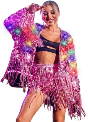 DRESBE Women's Light Up Sequin Fringe Jacket LED Sequins Tassel Long Sleeve Open Front Coat for Party Club Concert