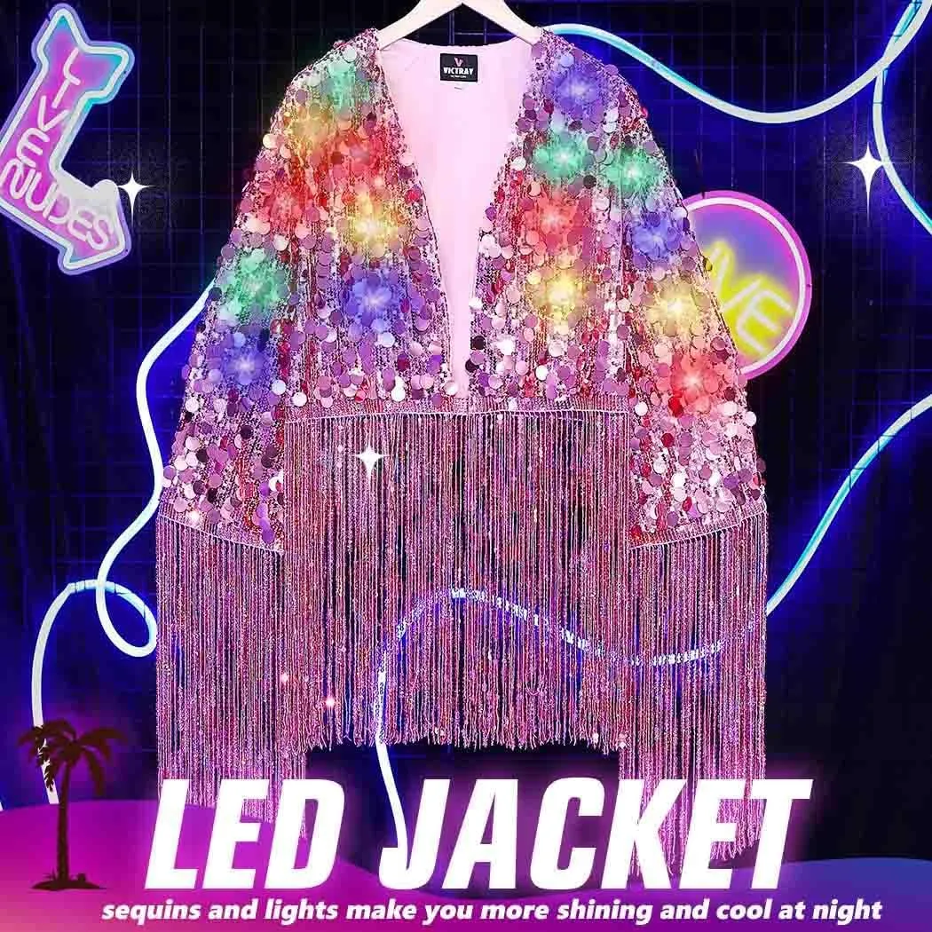 DRESBE Women's Light Up Sequin Fringe Jacket LED Sequins Tassel Long Sleeve Open Front Coat for Party Club Concert