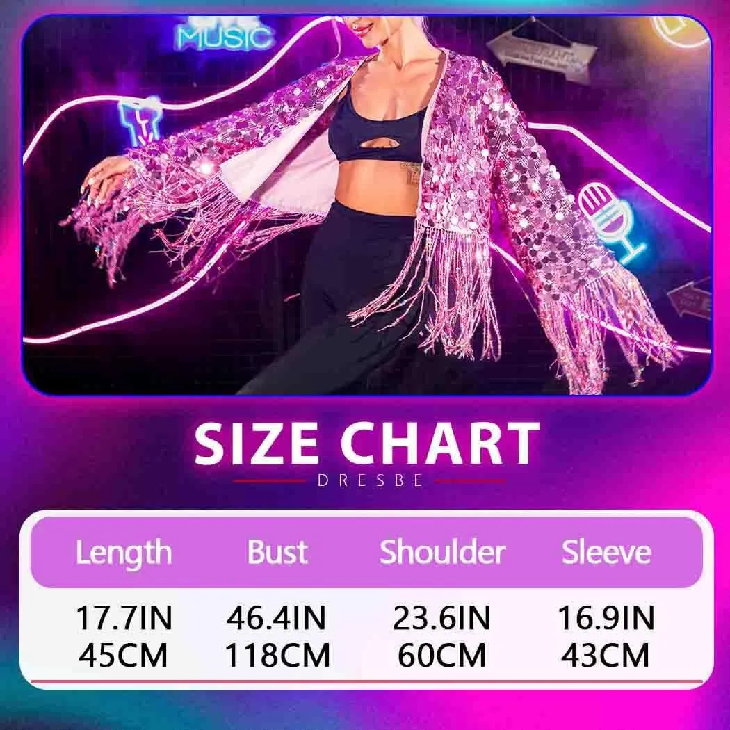 DRESBE Women's Light Up Sequin Fringe Jacket LED Sequins Tassel Long Sleeve Open Front Coat for Party Club Concert