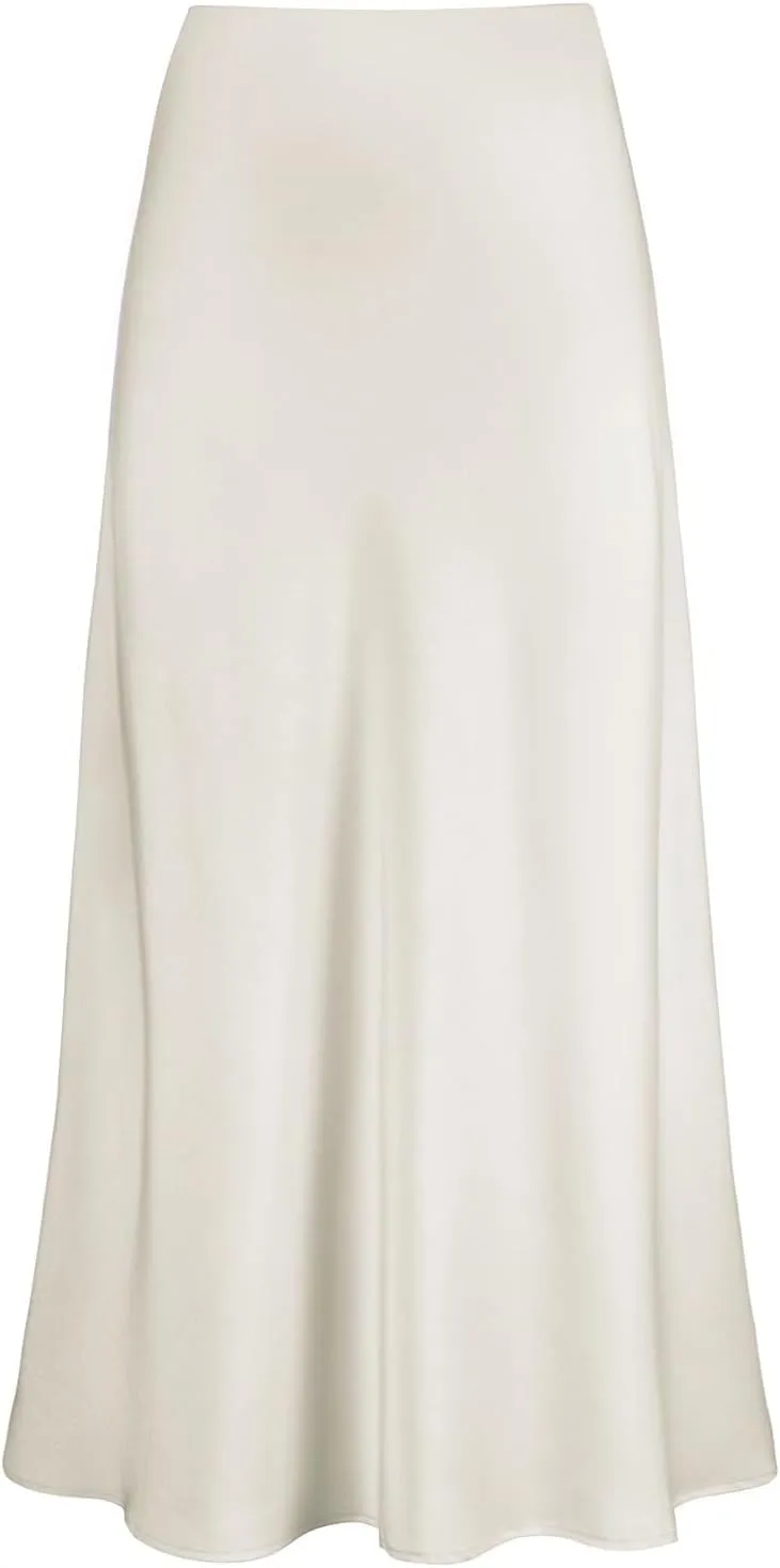 ebossy Women's Elegant Long Satin Skirt Silk Dressy Hidden Elastic Waist Flared A-Line Maxi Skirts (Small, Beige)