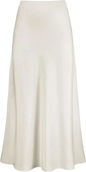 ebossy Women's Elegant Long Satin Skirt Silk Dressy Hidden Elastic Waist Flared A-Line Maxi Skirts (Small, Beige)