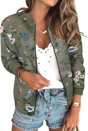 ECOWISH Women's Casual Floral Zip Up Bomber Jacket Coat Lightweight Short Camo No Lining Outwear Tops Windbreaker with Pocket