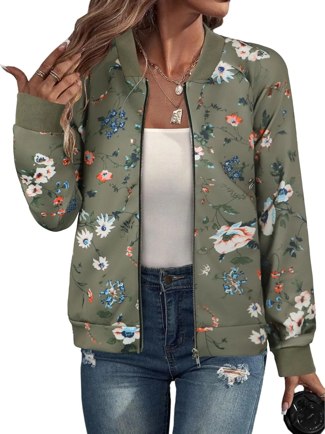 ECOWISH Women's Casual Floral Zip Up Bomber Jacket Coat Lightweight Short Camo No Lining Outwear Tops Windbreaker with Pocket