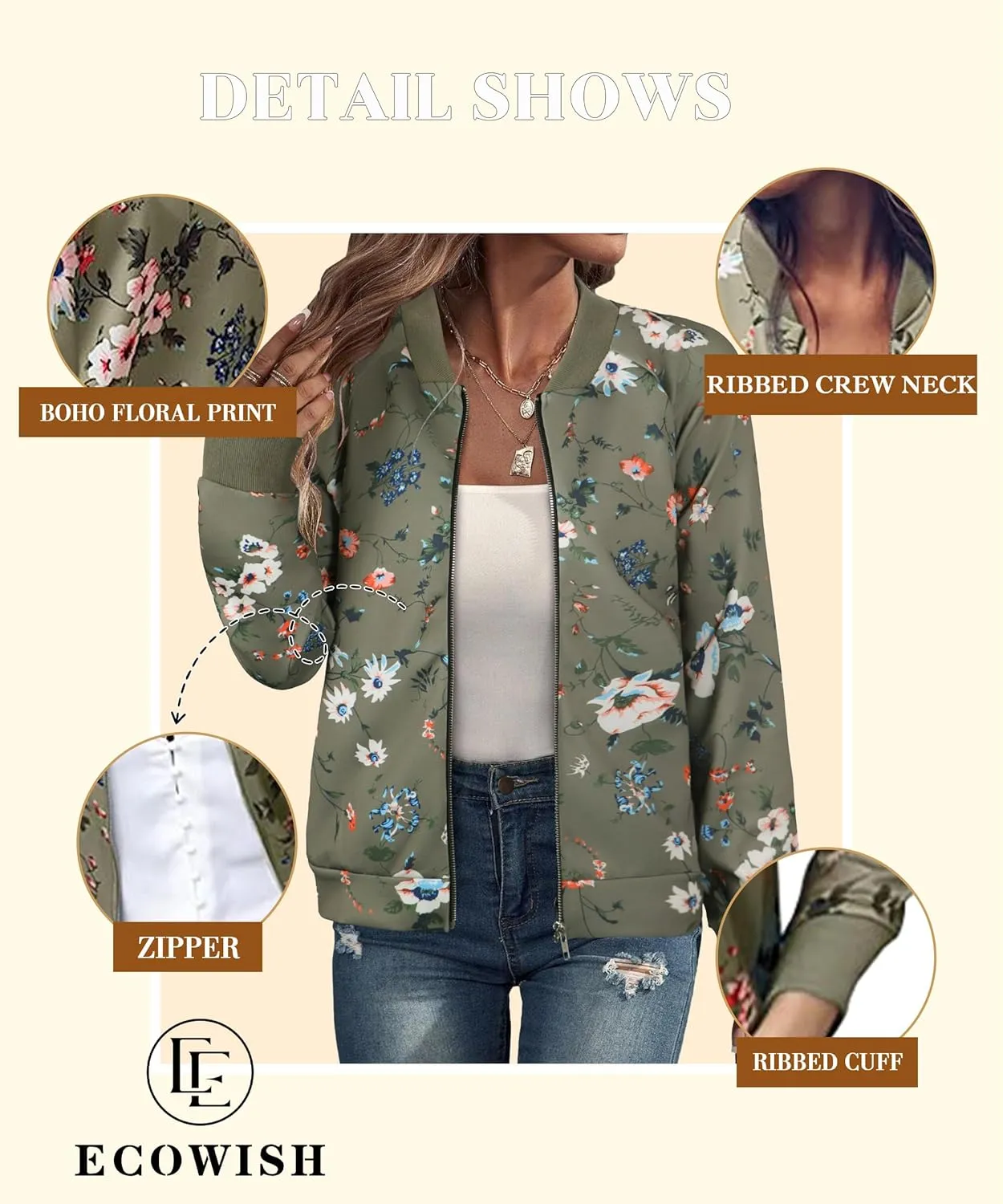 ECOWISH Women's Casual Floral Zip Up Bomber Jacket Coat Lightweight Short Camo No Lining Outwear Tops Windbreaker with Pocket