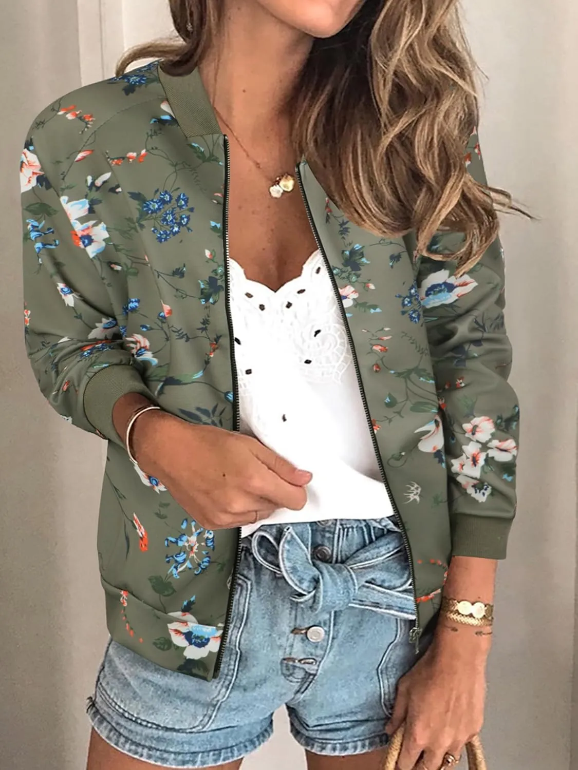 ECOWISH Women's Casual Floral Zip Up Bomber Jacket Coat Lightweight Short Camo No Lining Outwear Tops Windbreaker with Pocket