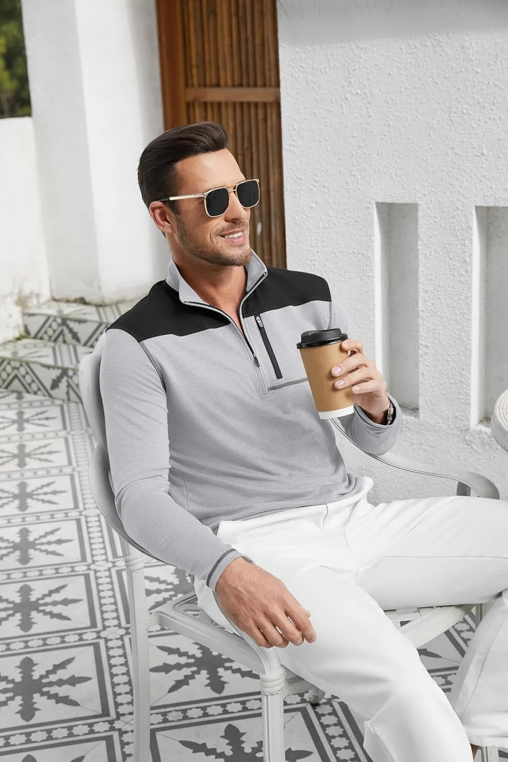 EDITCOZY Mens Quarter Zip Pullover Polo Shirts with Pocket Casual Long Sleeve Collared Golf Shirts