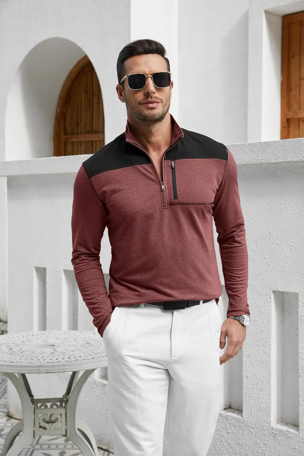 EDITCOZY Mens Quarter Zip Pullover Polo Shirts with Pocket Casual Long Sleeve Collared Golf Shirts