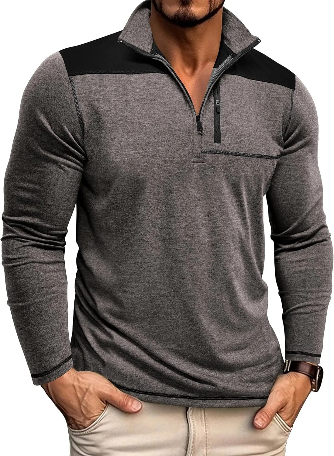 EDITCOZY Mens Quarter Zip Pullover Polo Shirts with Pocket Casual Long Sleeve Collared Golf Shirts