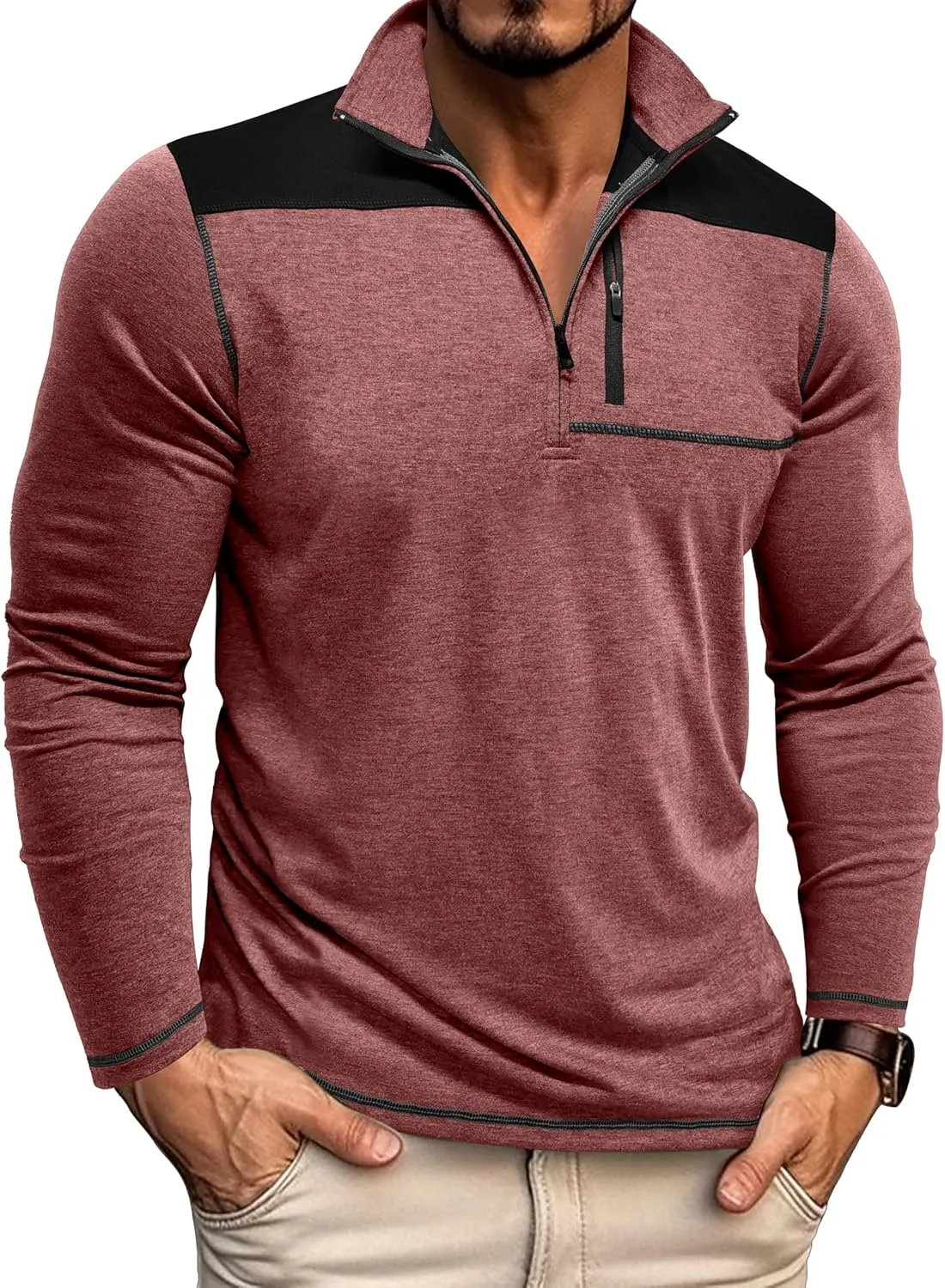 EDITCOZY Mens Quarter Zip Pullover Polo Shirts with Pocket Casual Long Sleeve Collared Golf Shirts